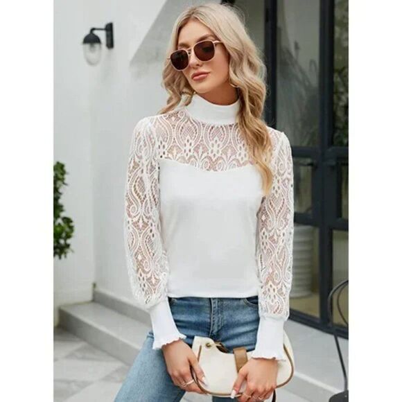 White Embroidered Crochet Lace Sheer Long Sleeve Turtleneck Top Blouse - Picture 1 of 7
